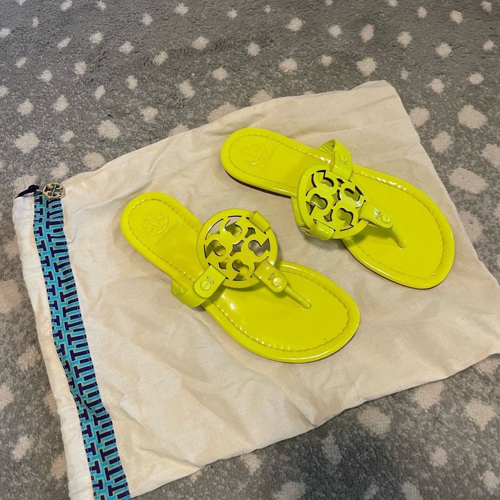 Tory Burch size 5 miller sandals neon yellow, barely worn . Like new.